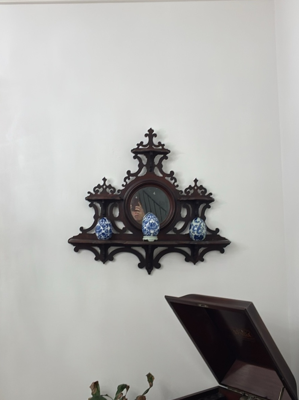 Ornate Dark Brown Wall Mirror Shelf with Carved Accents